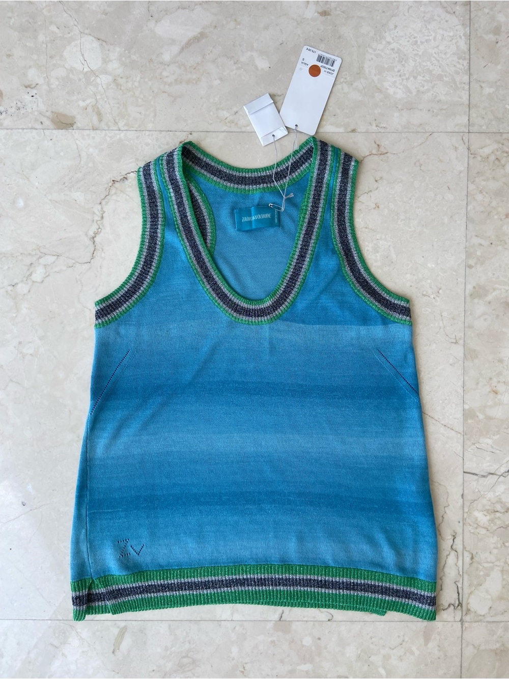 Zadig & Voltaire Teal to Sky Blue Gradient Knit Tank with Green Trim